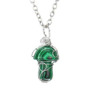Collier Champignon en Pierre Précieuse Malachite Chaîne Couleur Argent 51cm