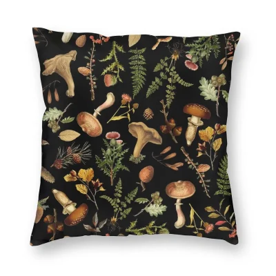 Housse de Coussin Champignon en Velours Champi Variété sur Noir 45cmX45cm